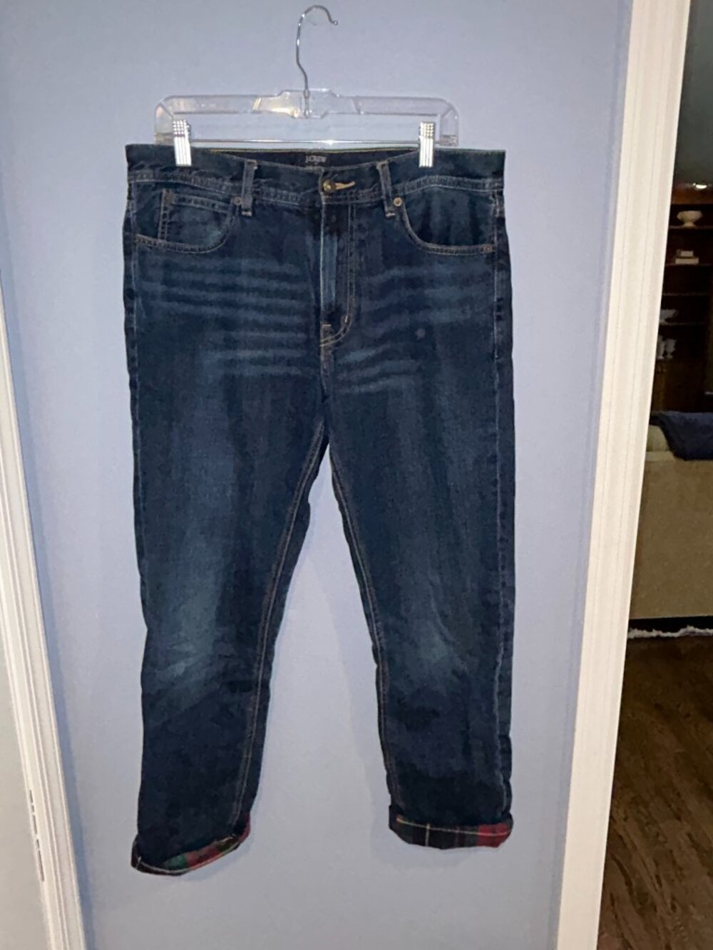 J. Crew The Sutton Flannel Lined Jeans, Men 33x32, dark wash, straight